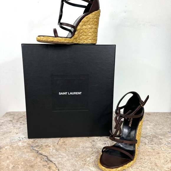 YVES SAINT LAURENT YSL CASSANDRA LOGO WEDGE HEEL ESPADRILLES Size 37 - Picture 2 of 9
